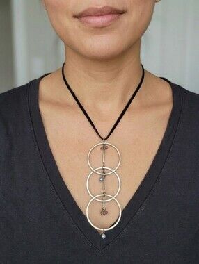 MIXIT Triple Circle Pendant Wuth Gray Pearls Cord Necklace